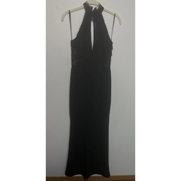 Windsor Small Lace Halter Maxi Dress Black Plunging Neck Cut Out Back Slit - Picture 1 of 15